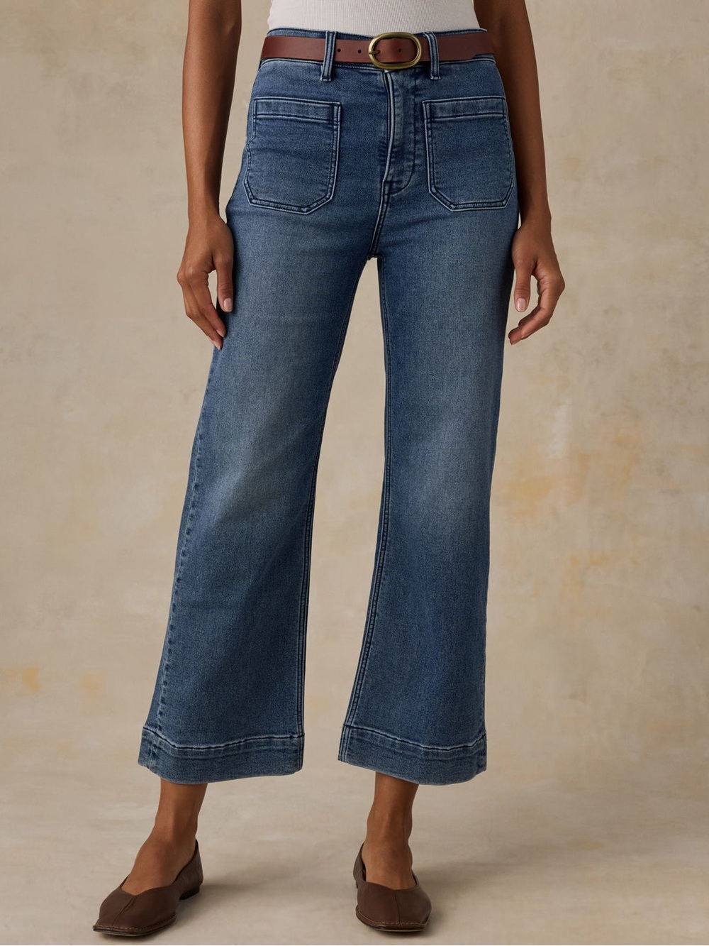 FAHERTY Stretch Terry Patch Pocket Wide Leg Ankle Crop Jeans Pants Blue Denim 27